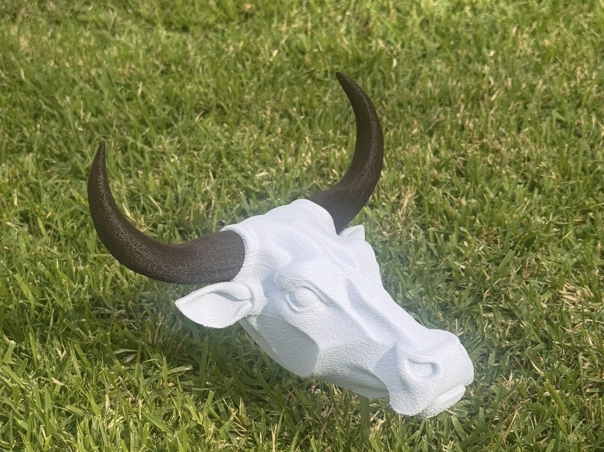 Sculpted longhorn bull-head marker on a tee box