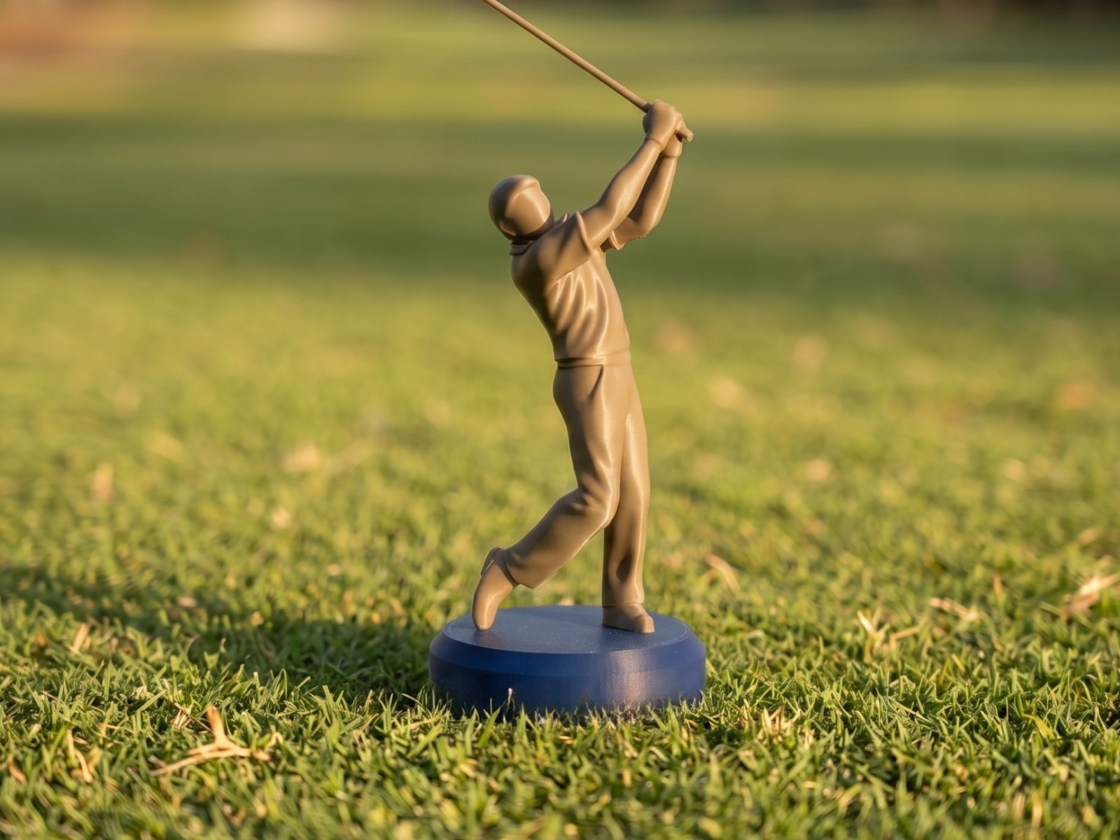 Bronze golfer figure mid-swing on a navy disc base, standing on tee-box grass