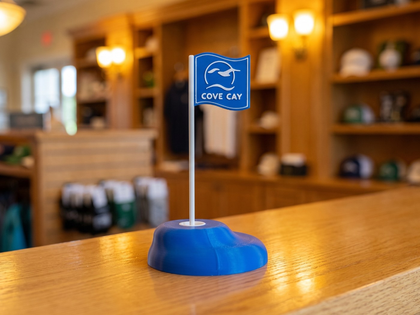 Small blue Cove Cay pennant flag on a printed base, standing on the clubhouse counter