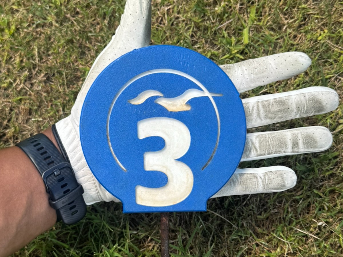 Cove Cay's existing blue round tee marker with the seagull mark and hole number, held in a golf glove