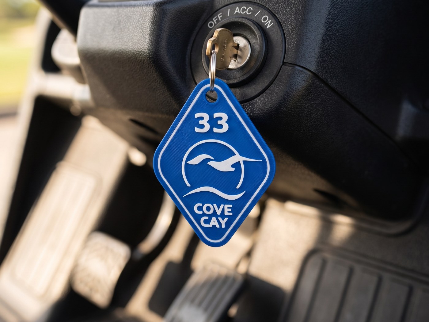 Blue diamond Cove Cay key fob hanging from a golf-cart ignition key