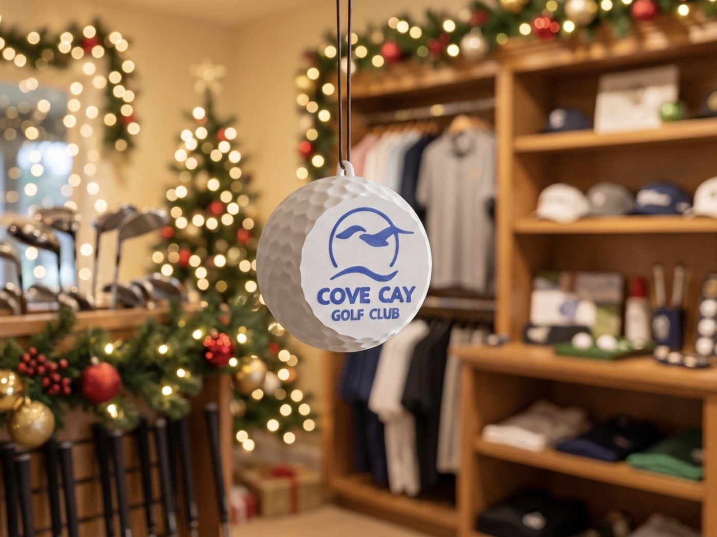 Dimpled golf-ball ornament with the Cove Cay mark, hanging in a decorated pro shop