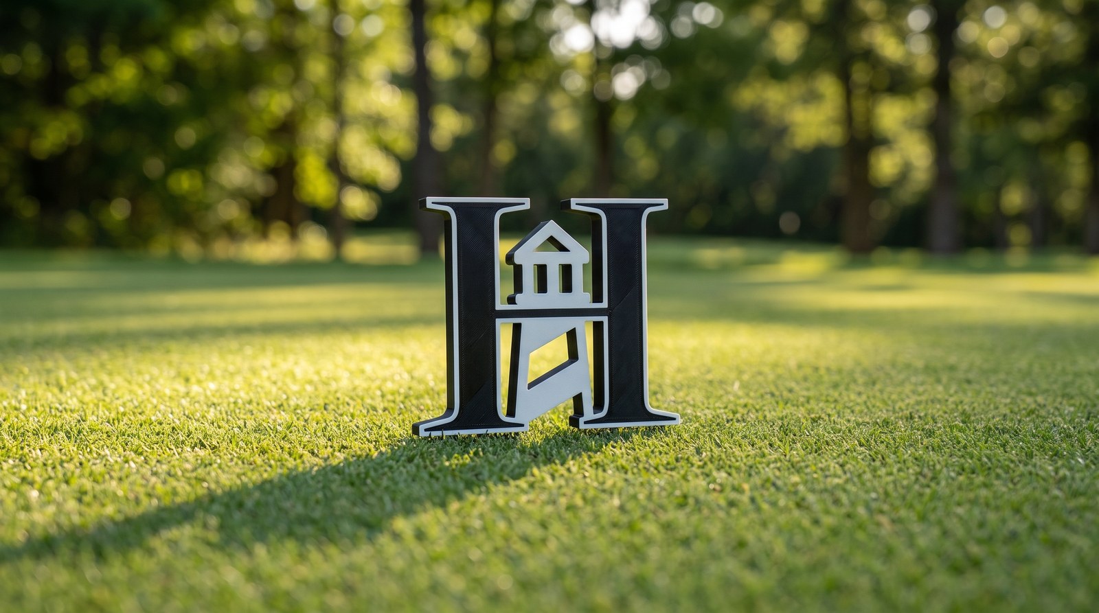 Heritage Harbour marker — black H monogram with a white lighthouse cut into it, staked on sunlit grass
