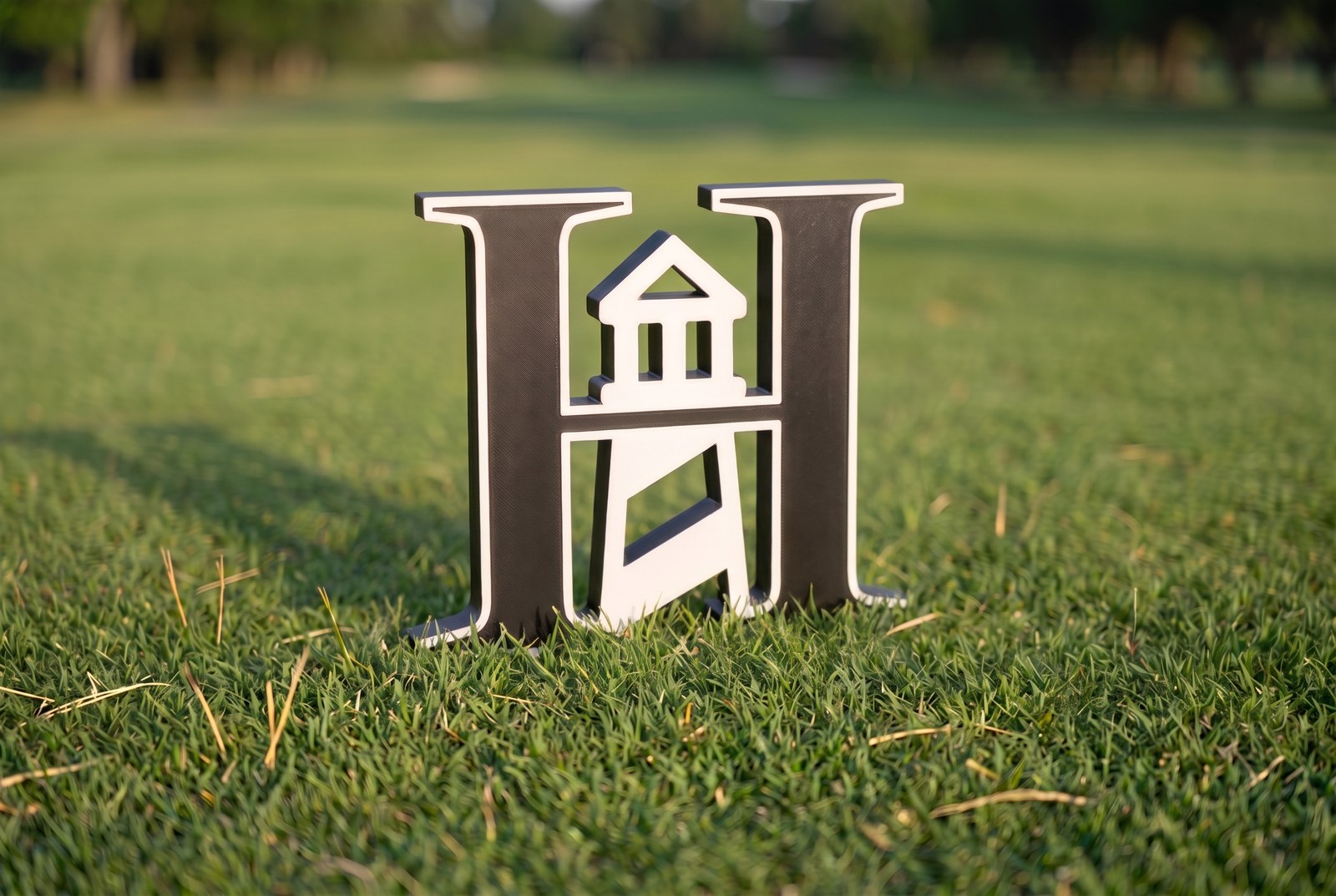 Heritage Harbour marker — dark old-english H with a white lighthouse built into its counter, standing on fairway grass at golden hour