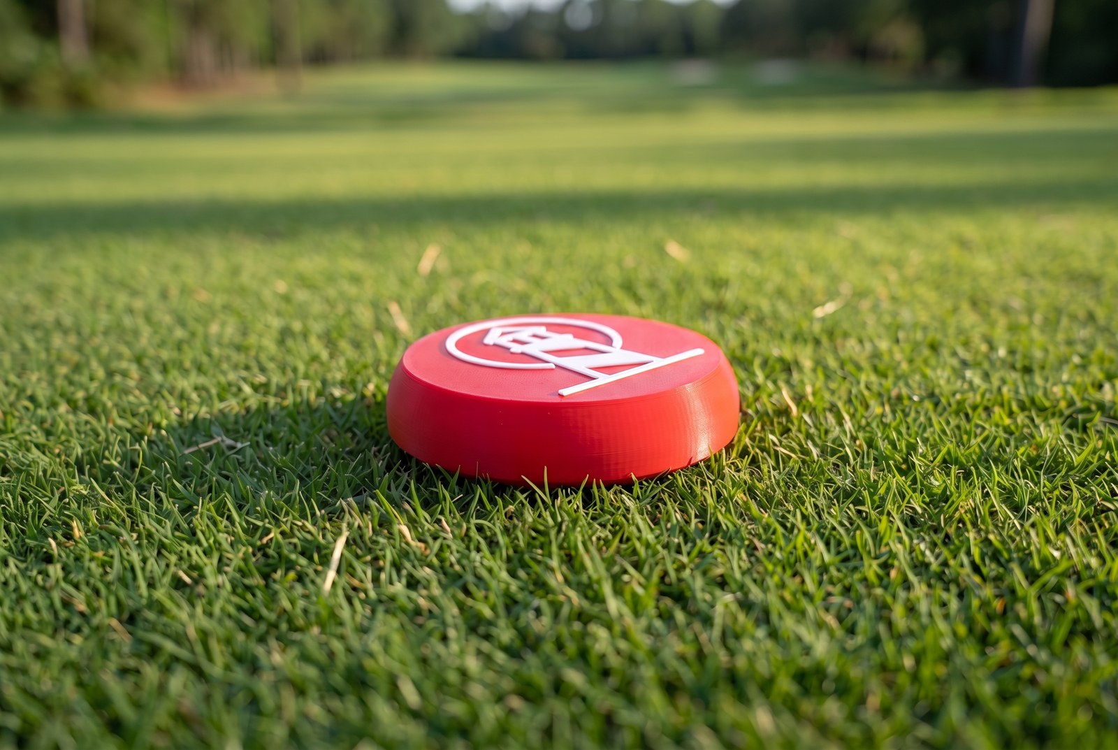 Heritage Harbour marker — low-profile red disc with the lighthouse roundel in white relief, sitting flush in fairway grass
