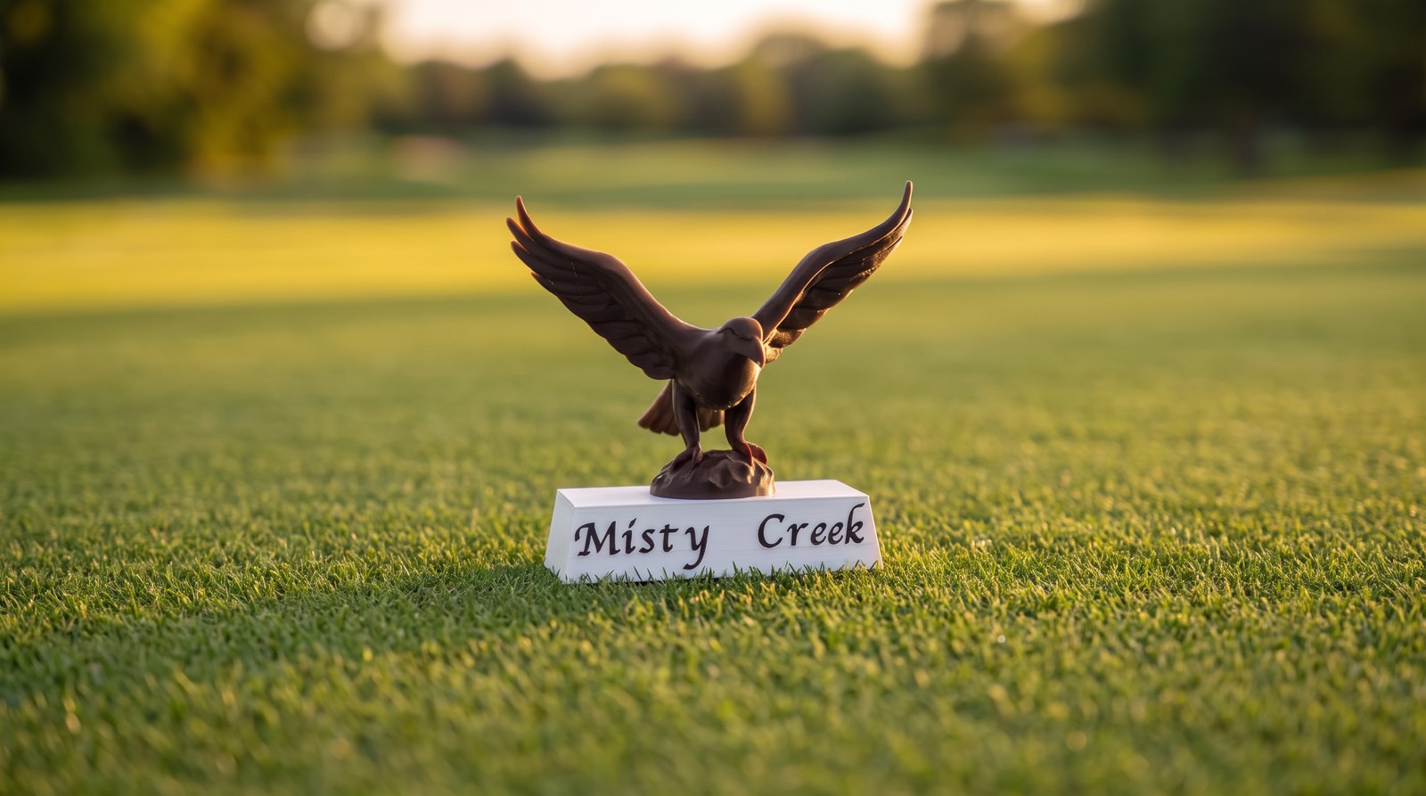 Misty Creek eagle marker — sculpted eagle on an engraved name plinth, staked in a golden-hour tee box
