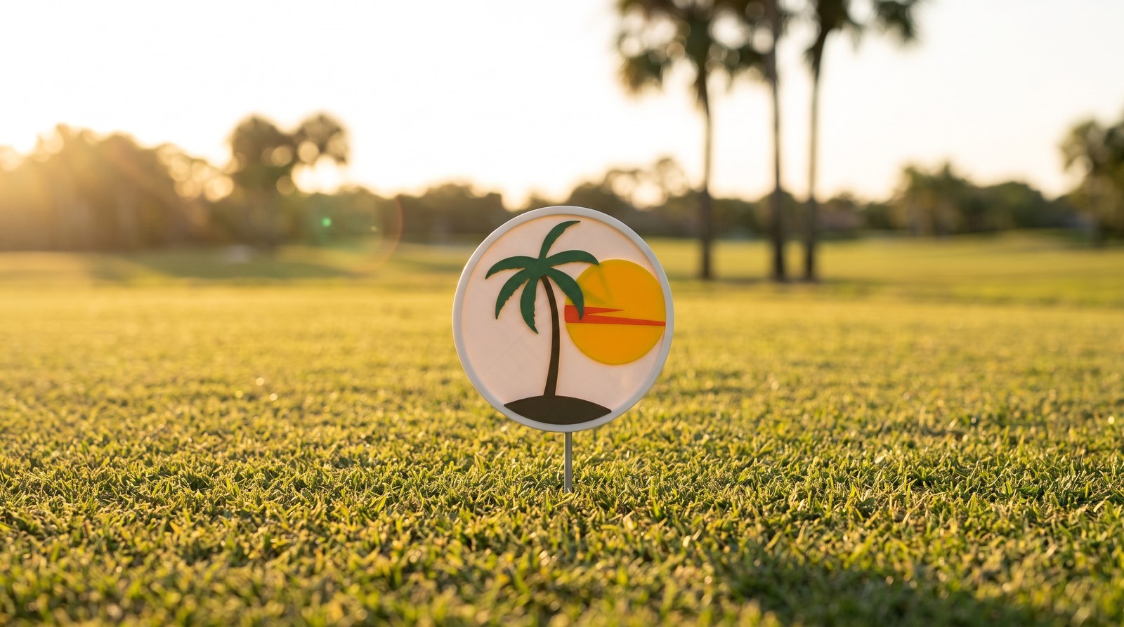 Seminole Lake marker — white disc with a palm and sun in raised relief, staked among golden-hour palms