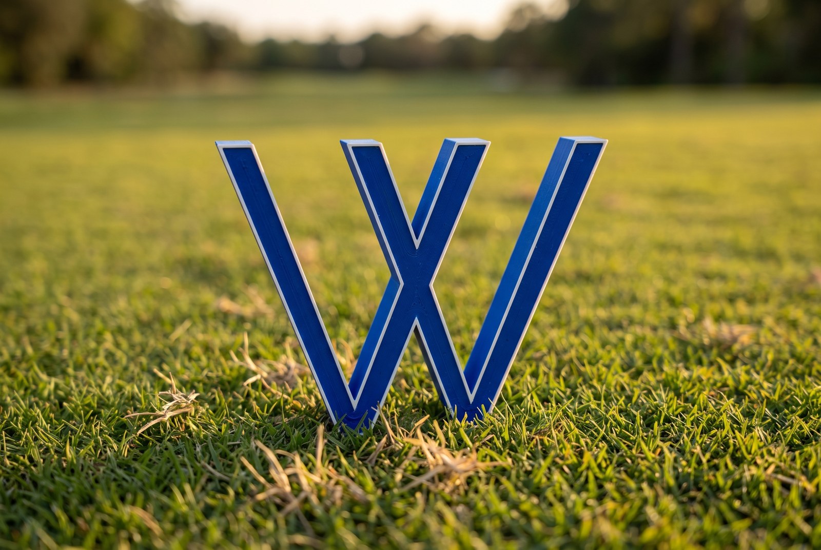 Westchase marker — two-tone blue W letterform with a white outline, standing in fairway grass at golden hour