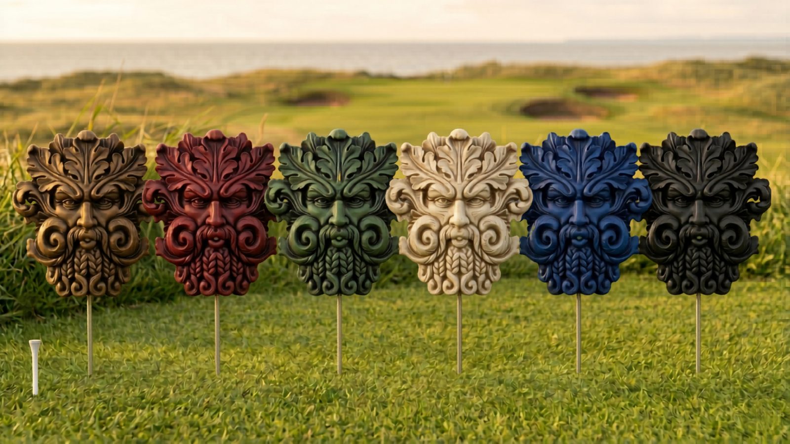 The Green Man — all six colorways staked across a coastal links tee box
