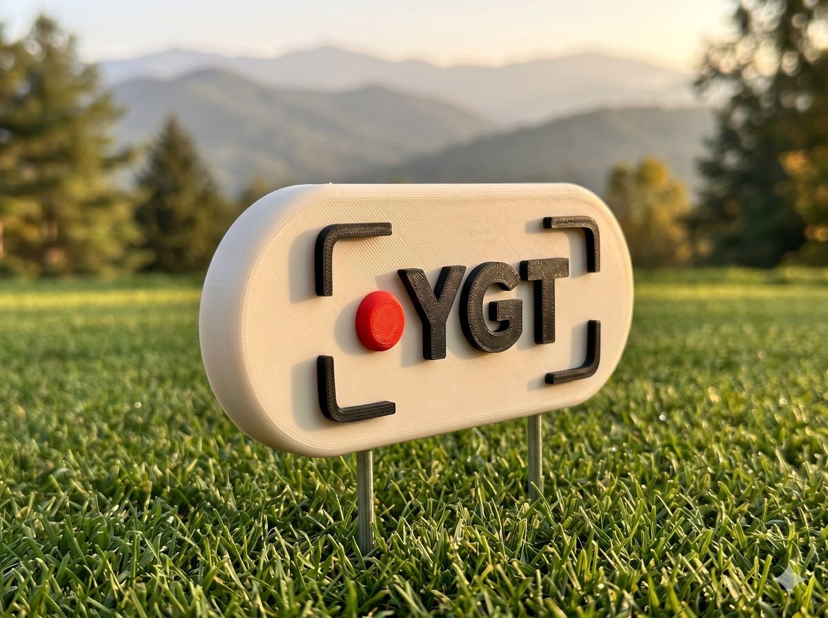 YGT Broadcast Bar marker staked in a mountain tee box